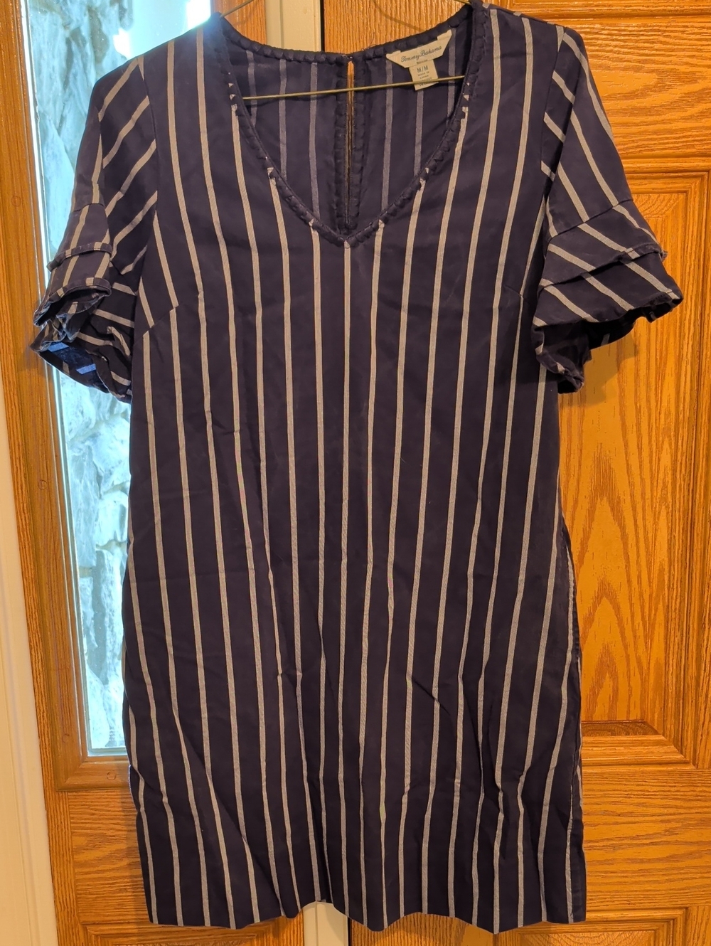 Market & Spruce Navy and White Vertical Stripe V-Neck Mini Dress
